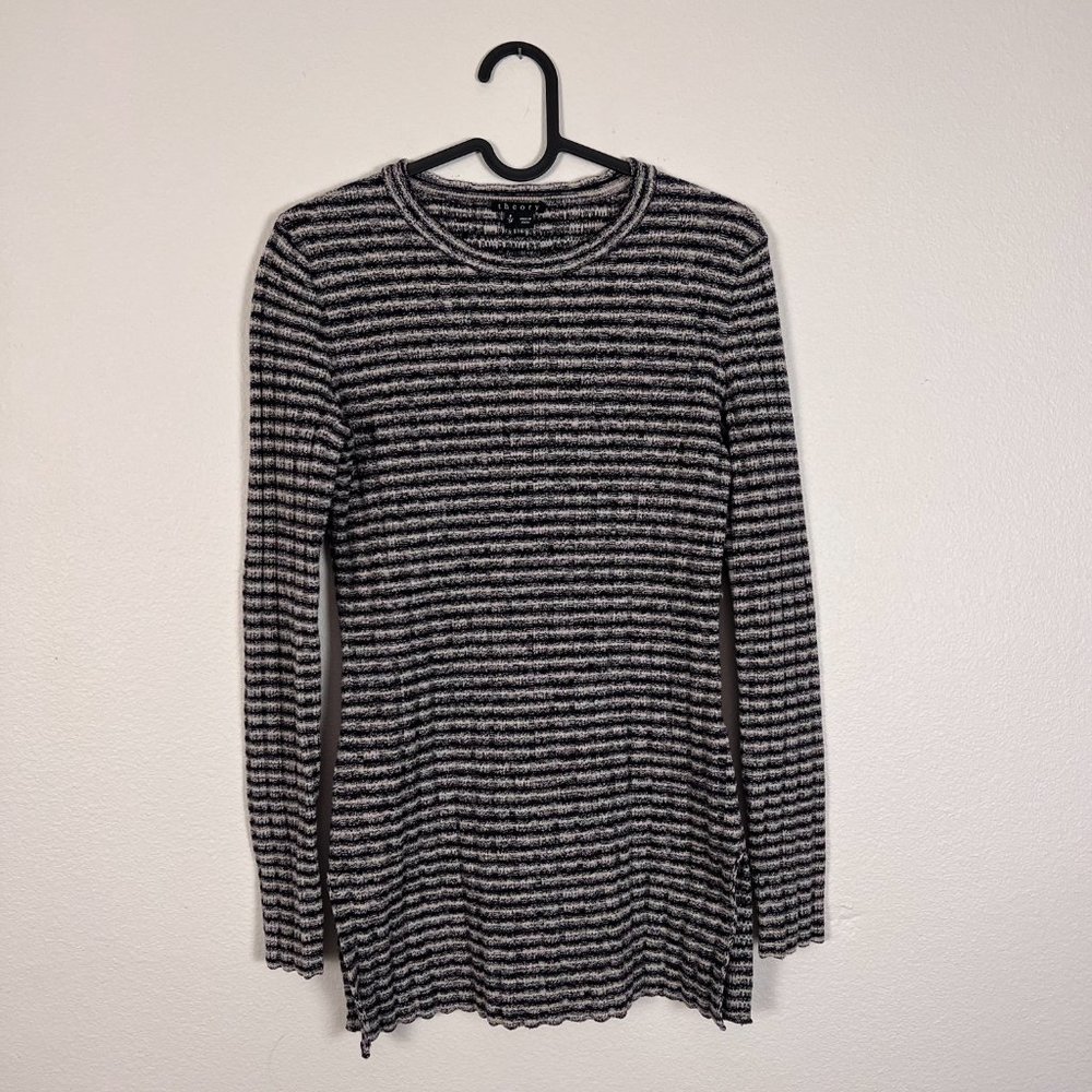 Theory Womens Black White Striped Wool Blend Pullover Knit Sweater Petite Size P